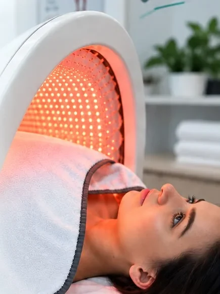 Une femme allongée auprès d’une lampe infrarouge