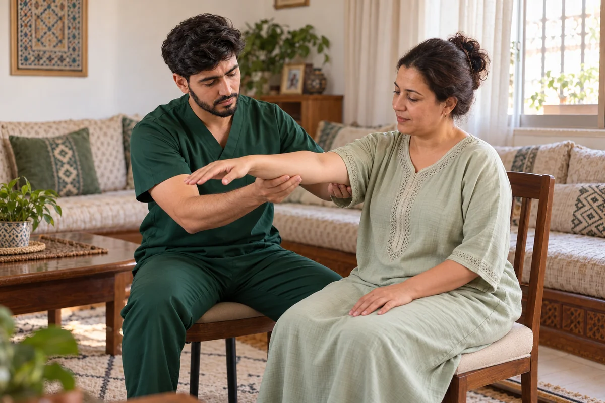 Une femme effectue un exercice de mobilité du bras avec un kinésithérapeute dans un salon marocain